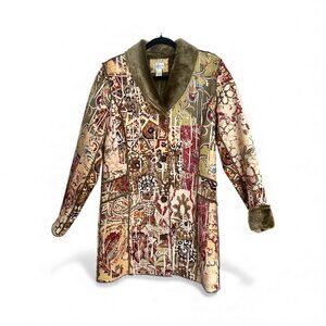 Chico's VINTAGE Boho Art to Wear paisley print faux fur-lined coat jacket